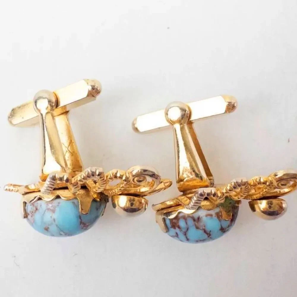 Vintage Cufflinks Beetles Bugs Turquoise Cabochon Inlay Gold Tone Insects